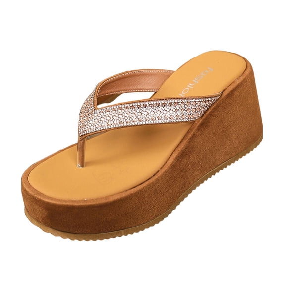 Flip Flops Baeitkot Women's Fashionable Casual Spring and Summer Versatile Plus Size Beach Wedge Solid Color Rhinestones Round Toe Open Toe Slippers