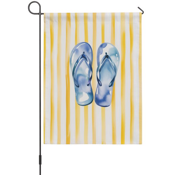 Flip Flops Garden Flag 12 x 18 Inches, Summer Coastal Minimalist Blue Footwear Yellow Stripes Weather Proof Outdoor Patio Flags Double Sided Small Garden Decoration for Yard Outside Home