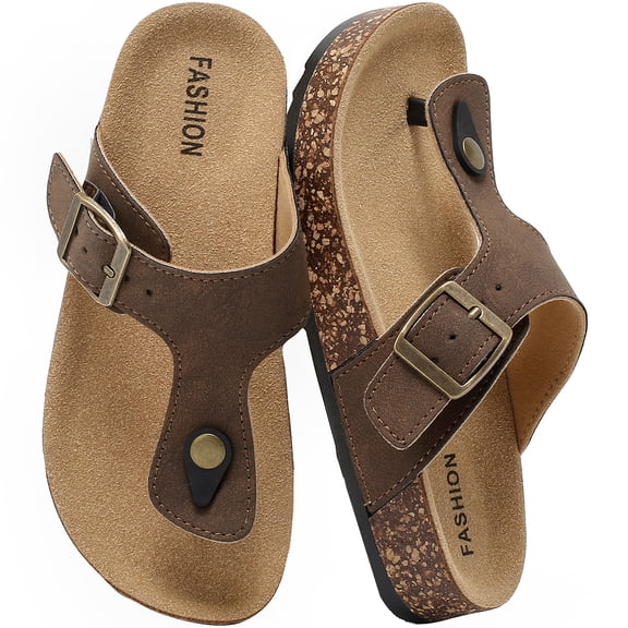 Lezzglt Kids Leather Thong Cork Sandals, Water-Resistant Non‑slip Flip Flops with Cork Footbed & Memory Foam, Comfortable Summer Slides for Toddler Boys & Girls