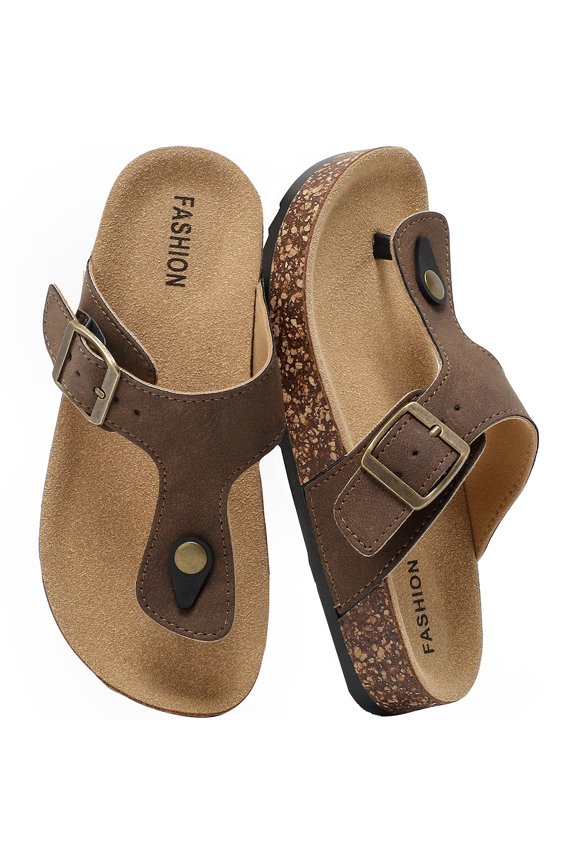 Kids Leather Thong Cork Sandals, Water-Resistant Non‑slip Flip Flops with Cork Footbed & Memory Foam, Comfortable Summer Slides for Toddler Boys & Girls