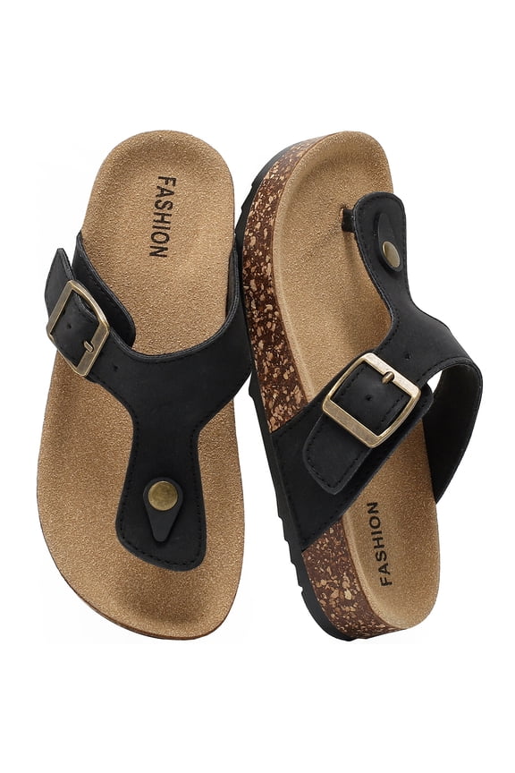 Kids Sandals with Cork Footbed Girls Boys Flip Flops, Casual Thong Slides Sandals Adjustable Straps Buckle,Flat Mules Arch Support Open Toes Flat for Toddler Summer Slippers