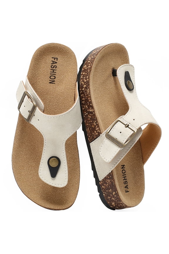 Kids Leather Thong Cork Sandals, Water-Resistant Non‑slip Flip Flops with Cork Footbed & Memory Foam, Comfortable Summer Slides for Toddler Boys & Girls