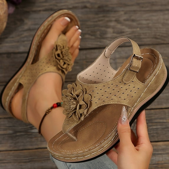 Flip Flops Sandals for Women Bling Rihinestones Jewel High Heel Arch Support Comfortable Soft Cushion Wedge Slip-on Casual Summer Thong Sandals Brown 6