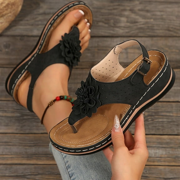 Flip Flops Sandals for Women Bling Rihinestones Jewel High Heel Arch Support Comfortable Soft Cushion Wedge Slip-on Casual Summer Thong Sandals Black 5.5