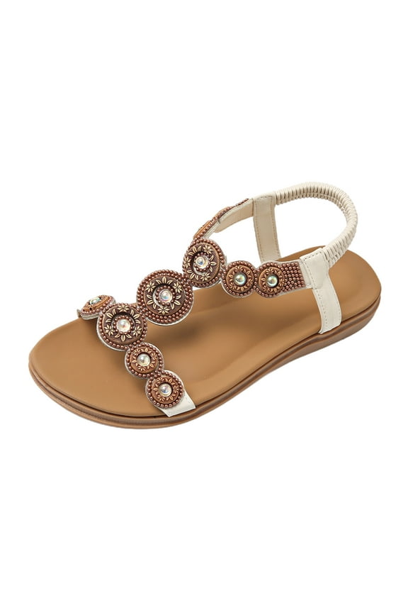 Flip Flops Sandals for Women Dressy Summer Flat Sandals Rhinestone Beaded Sandal Elastic Ankle Strap Beach Shoes