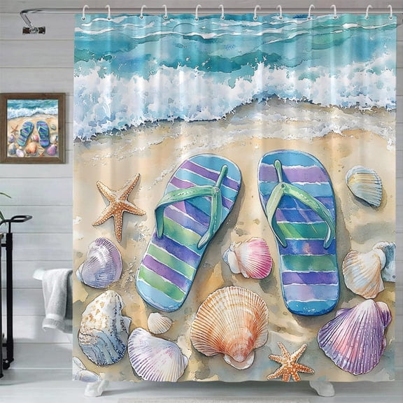 Flip Flops Shower Curtain Beach Cool Summer Slipper Tropical Ocean Vacation Sand Starfish Seashell Seaside Hawaiian Scenery Polyester Fabric Bathroom Curtain with Hooks-72"W x 86"L (Pack of 1)