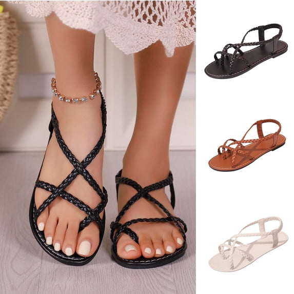 Flip Flops Women Summer Casual Boho Flat Heel Open Toe Solid Color Elastic Straps Slip-on Sandals Summer Lightweight Soft Bottom Beach Shoes