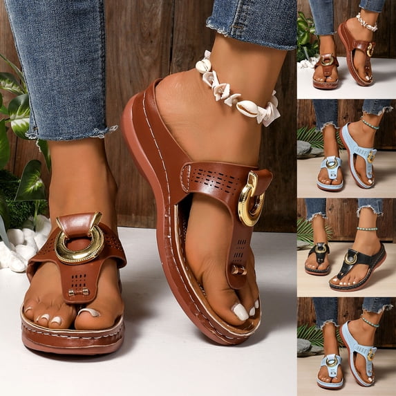Flip-Flops for Women Wedge Thick Sole Sandals Women Toe Loop Open Toe Slip-on Thong Women Footwear Beach Vacation Holiday Vintage FashionBlack 5.5