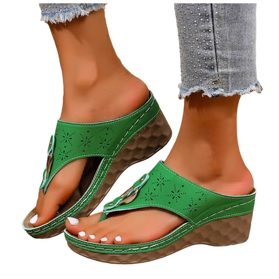 Flip Flops for Women 2026 Trendy Hollow Out Arch Support Wedge Sandals Platform Summer Slides Comfortable Orthopedic Shoes Green Size 6.5