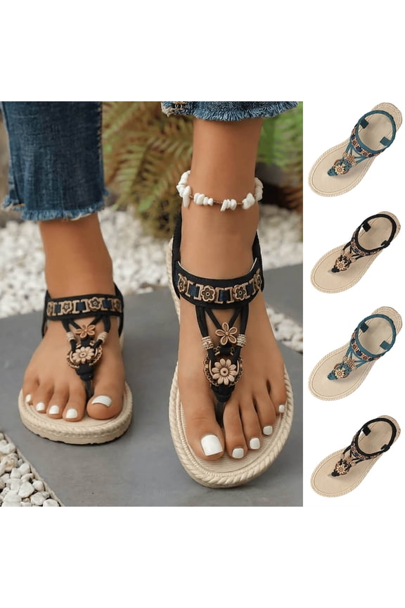 Flip Flops for Women Boho Flat Heel Open Toe Elastic Straps Slip-on Sandals Comfort Lightweight Soft Outdoor Indoor Walking Beach Shoes