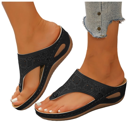 Flip Flops for Women Boho Hollow out Slides Orthopedic Wedge Sandals with Comfortable Arch Support Casual Summer Slip on Beach Shoes Black Size 6