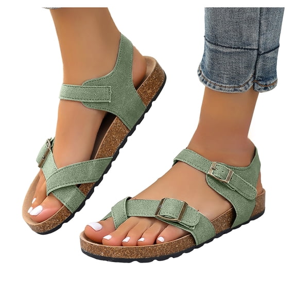 Flip Flops for Women Buckle Strap Cork Footbed Flat Sandals Comfortable Arch Support Summer Beach Shoes Green Size 9.5