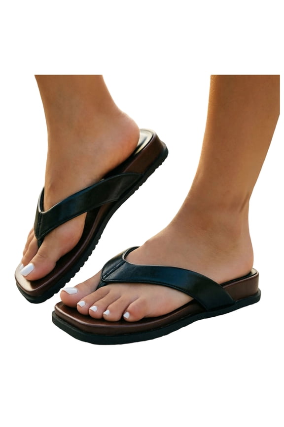 Flip Flops for Women Low Wedge Footbed Thong Sandals Square Open Toe Platform Slides 2026 Summer Trendy Outdoor Slippers Black Size 7.5
