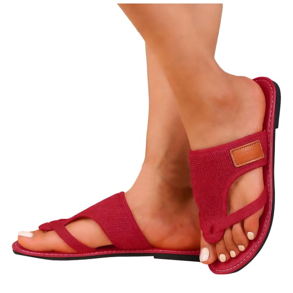 Flip Flops for Women Mesh Gladiator Flat Sandals Solid Color Strappy Slip on Beach Shoes Casual Slides Red Size 10.5