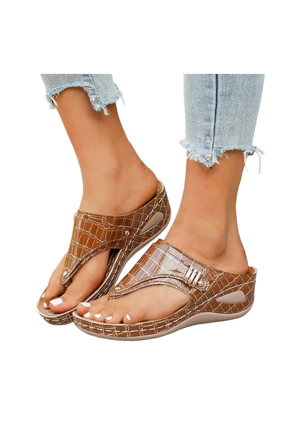 Flip Flops for Women Nonslip Thick Sole Wedge Sandals Retro Snakeskin Pattern Leather Dressy Summer Beach Vacation Shoes Brown Size 6