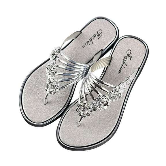 Flip Flops for Women Slip on Boho Flip Flop Sandals Dressy Rhinestone T-Strap Thong Sandals for Summers Dress Beach