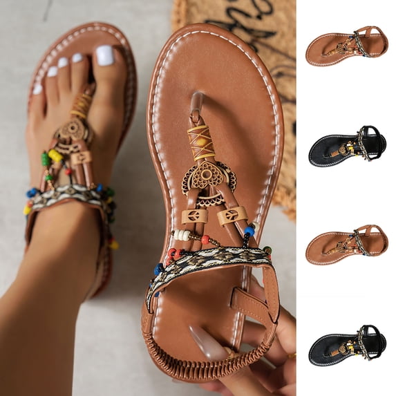 Flip Flops for Women Summer Casual Boho Flat Heel Open Toe Elastic Straps Slip-on Thong Sandals Summer Beach Walking Comfortable Lightweight Shoes