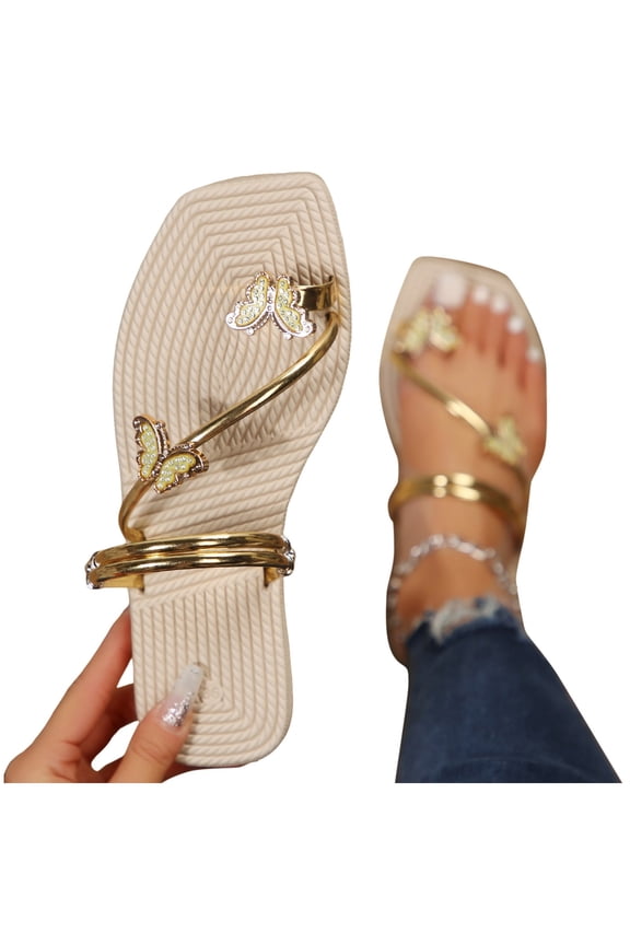 Flip Flops for Women Thong Flat Sandals Metallic Butterfly Rhinestone Slides Sparkly Slippers Strappy Toe Ring Slip on Summer Beach Shoes Gold Size 8