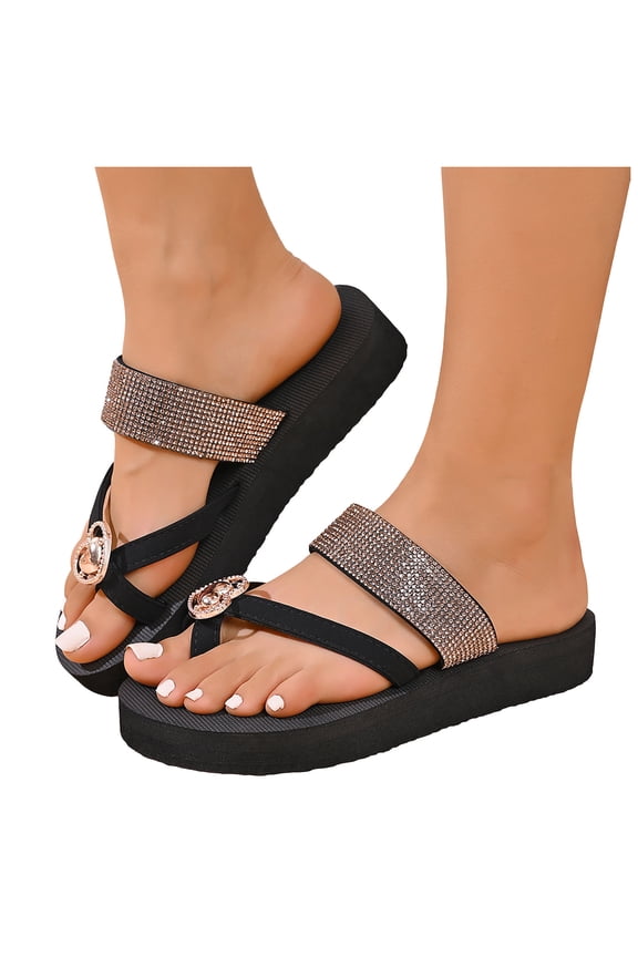 Flip Flops for Women Toe Ring Rhinestone Band Slide Sandals Lightweight Arch Support Yoga Mat Cushion Slip on Beach Shoes Black Size 8.5