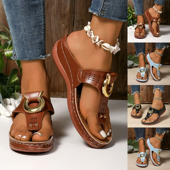 Flip-Flops for Women Wedge Thick Sole Sandals Women Toe Loop Open Toe Slip-on Thong Women Footwear Beach Vacation Holiday Vintage FashionBlack 9