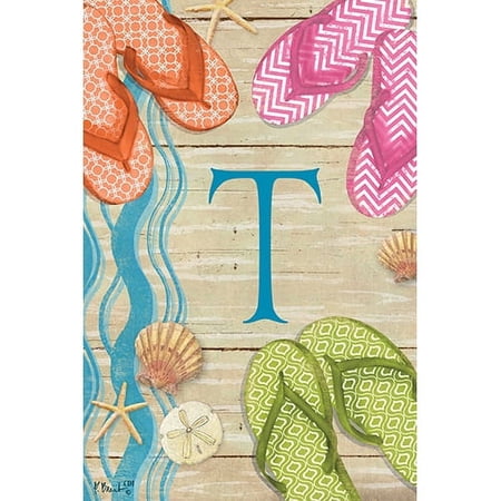Flip Flops on Boardwalk Monogram T Double Sided 12 X 18 Inch Garden Flag