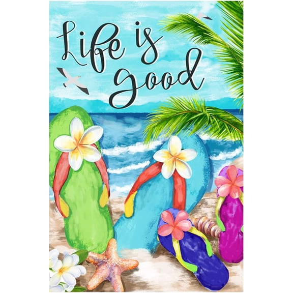 Flip Flops on Summer Beach Life is good Decorative Welcome House Flag 28x40 inch