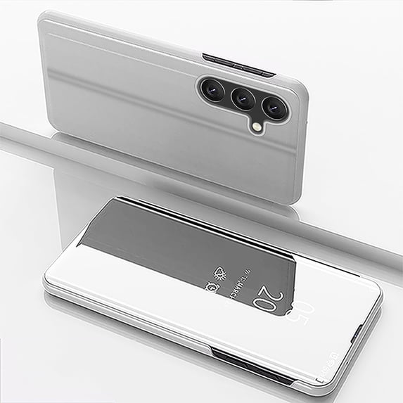 Flip Folio Case for Samsung Galaxy A16 5G/4G, Smart Clear View Makeup Mirror Plating Hard PC Vertical Kickstand Slim Fit PU Leather Full Body Protective Cover for Samsung Galaxy A16 5G/4G - Silver