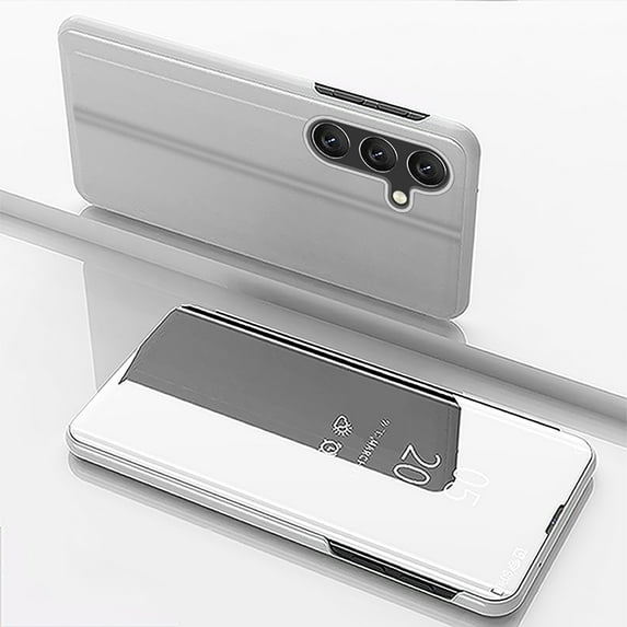 Flip Folio Case for Samsung Galaxy A25 5G, Smart Clear View Makeup Mirror Plating Hard PC Vertical Kickstand Slim Fit PU Leather Full Body Protective Cover for Samsung Galaxy A25 5G - Silver