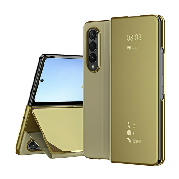 Flip Folio Case for Samsung Galaxy Z Fold 3 5G, Smart Clear View Makeup Mirror Plating Hard PC Vertical Kickstand Slim Fit PU Leather Full Body Protective Cover - Gold