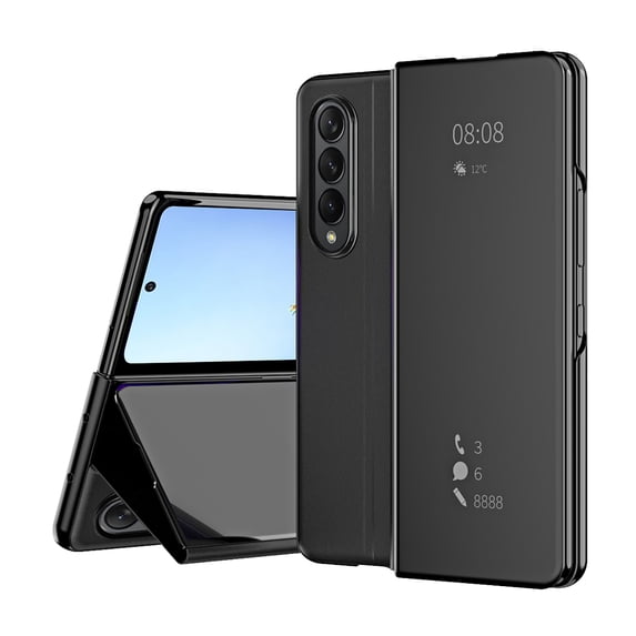 Flip Folio Case for Samsung Galaxy Z Fold 3 5G, Smart Clear View Makeup Mirror Plating Hard PC Vertical Kickstand Slim Fit PU Leather Full Body Protective Cover - Black