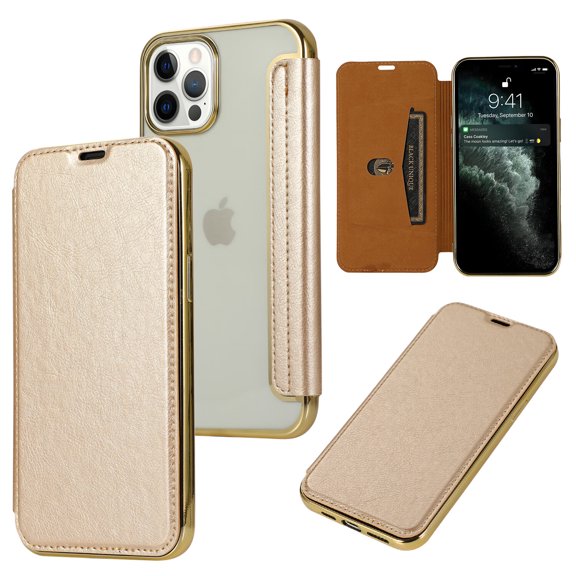 Flip Folio Case for iPhone 13 Pro Max, Soft Ultra-clear Anti-drop TPU Shell & PU Leather Flip Cover Electroplated Frame Card Holder Kickstand Full Protective Shockproof Thin Case, Gold