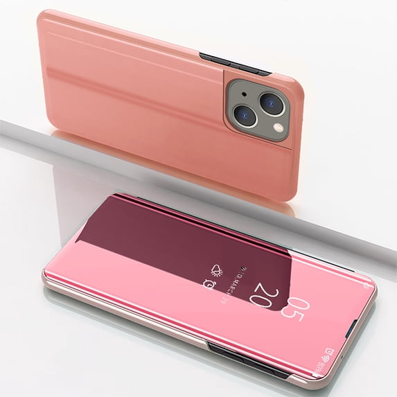 Flip Folio Case for iPhone 15, Smart Clear View Makeup Mirror Plating Hard PC Vertical Kickstand Slim Fit PU Leather Full Body Protective Cover for iPhone 15 - Rosegold