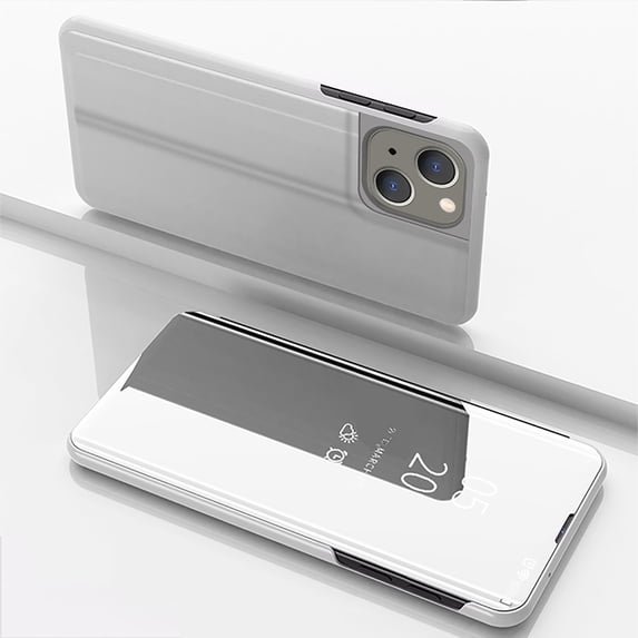 Flip Folio Case for iPhone 15, Smart Clear View Makeup Mirror Plating Hard PC Vertical Kickstand Slim Fit PU Leather Full Body Protective Cover for iPhone 15 - Silver