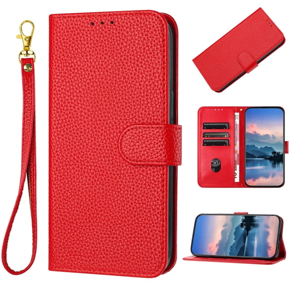 Flip Folio Wallet Case For Google Pixel 10 /10 Pro, Lychee Grain Patterned PU Leather RFID Blocking Cover with Credit Card Holder, Magnetic Clasp Kickstand Business Style with Lanyard, Red
