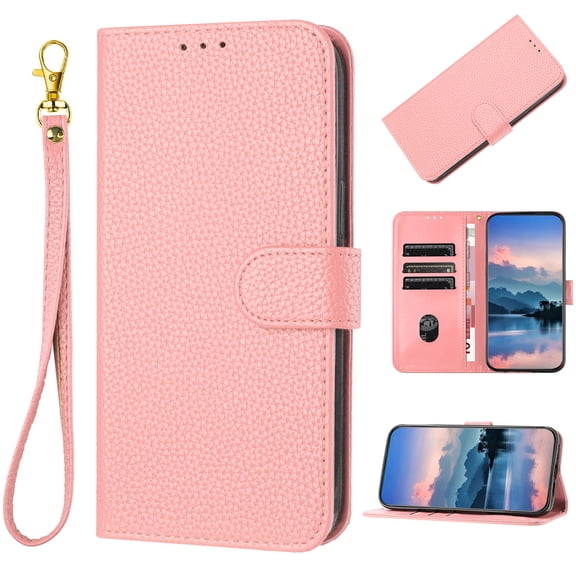 Flip Folio Wallet Case For Google Pixel 10 /10 Pro, Lychee Grain Patterned PU Leather RFID Blocking Cover with Credit Card Holder, Magnetic Clasp Kickstand Business Style with Lanyard, Pink