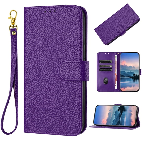 Flip Folio Wallet Case For Google Pixel 10 Pro XL, Lychee Grain Patterned PU Leather RFID Blocking Cover with Credit Card Holder, Magnetic Clasp Kickstand Business Style with Lanyard, Purple