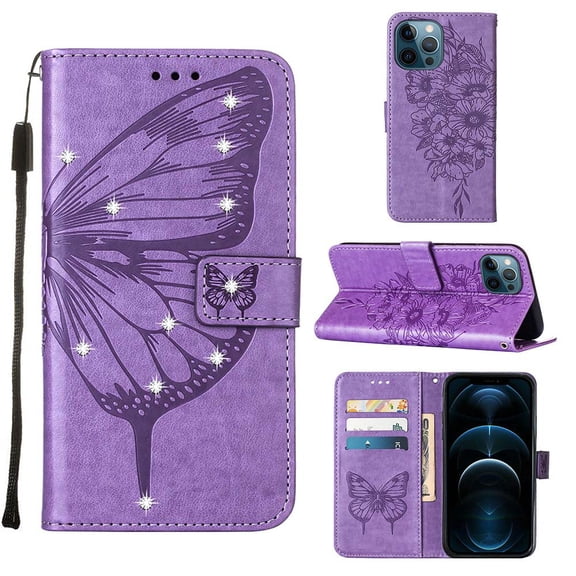 Flip Folio Wallet Case for Google Pixel 7, PU Leather Surface Shockproof TPU Shell Embossed Butterfly Dot Diamond Kickstand Card Holders Full Body Protective Luxury Stylish Case, Lightpurple
