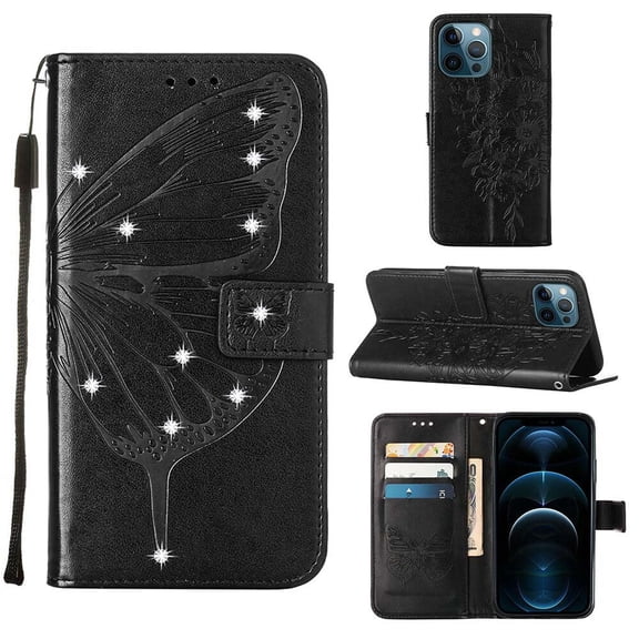 Flip Folio Wallet Case for Google Pixel 7, PU Leather Surface Shockproof TPU Shell Embossed Butterfly Dot Diamond Kickstand Card Holders Full Body Protective Luxury Stylish Case, Black