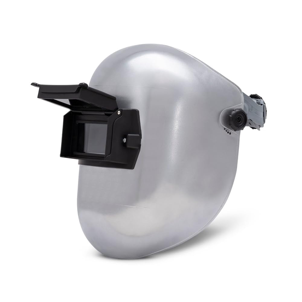 Flip Front Pipeline Welding Helmet Shade 10, Spark Resistant Nylon Construction, Easy Fit Headgear for Overhead Work, Silver