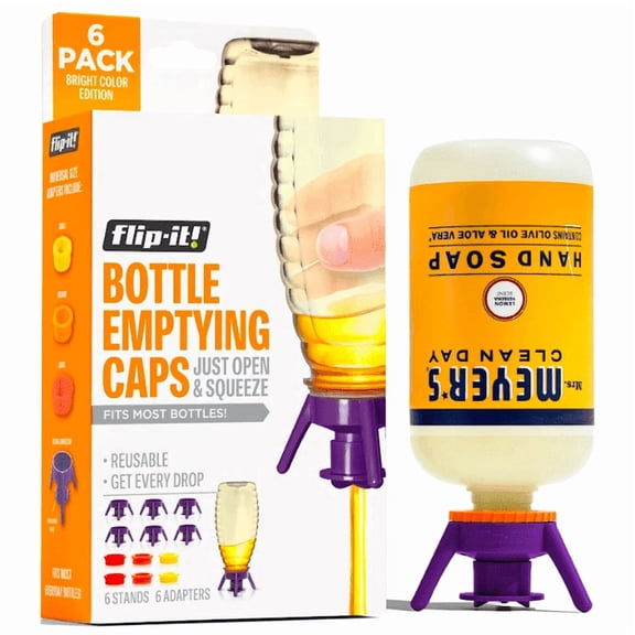 Flip-It! Bottle Emptying Kit 6 Bottle Pack - No more wasted product - Fits most plastic bottles 6 Base Caps, 6 Adapters Bright Color Edition