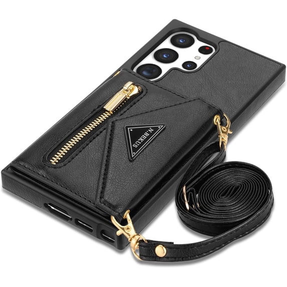 Flip Leather Wallet Cover for Samsung Galaxy S24 Ultra 5G Crossbody Case with Credit Card Holder Strap Lanyard 6.8'', Women Girl Purse Kickstand (Black, S24 Ultra)