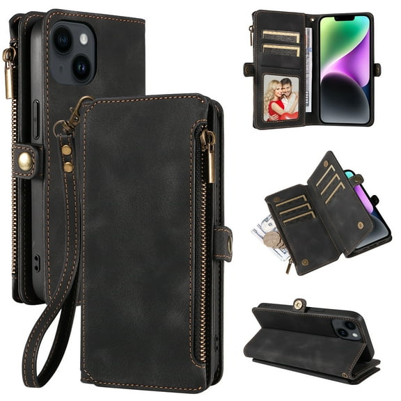Flip Leather Wallet Phone Case, Zipper Card Slot Folio Cover Shockproof Full Body Protective Case for iPhone 14 15 16 17 Plus Pro Pro Max