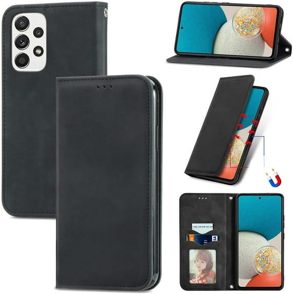 Flip Leather Wallet Phone Case for Samsung Galaxy A73 A53 A33 A32 5G A50 A51 A52 4G, Solid Color Stand Card Holder Back Cover(Black,A33 5G)