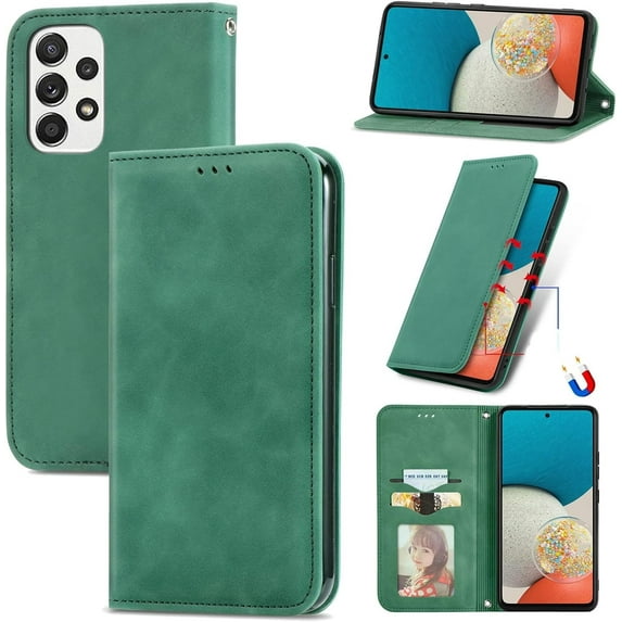 Flip Leather Wallet Phone Case for Samsung Galaxy A73 A53 A33 A32 5G A50 A51 A52 4G, Solid Color Stand Card Holder Back Cover(Green,A73 5G)