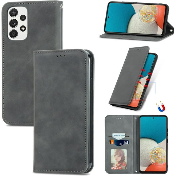 Flip Leather Wallet Phone Case for Samsung Galaxy A73 A53 A33 A32 5G A50 A51 A52 4G, Solid Color Stand Card Holder Back Cover(Light Grey,A51 5G)