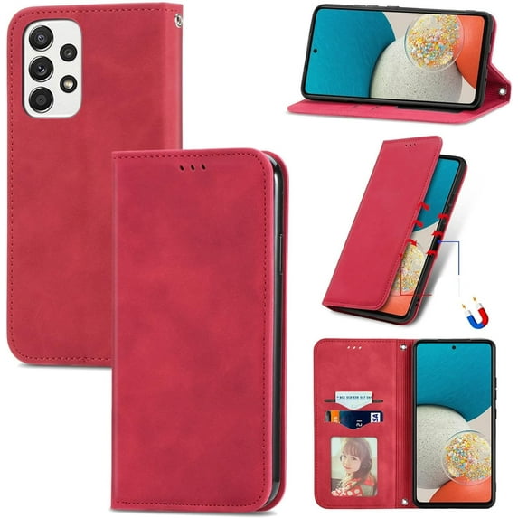 Flip Leather Wallet Phone Case for Samsung Galaxy A73 A53 A33 A32 5G A50 A51 A52 4G, Solid Color Stand Card Holder Back Cover(Red,A33 4G)