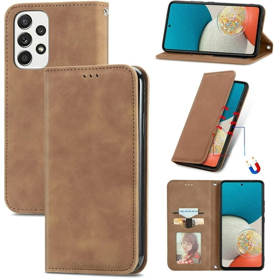 Flip Leather Wallet Phone Case for Samsung Galaxy A73 A53 A33 A32 5G A50 A51 A52 4G, Solid Color Stand Card Holder Back Cover(Tan,A33 4G)