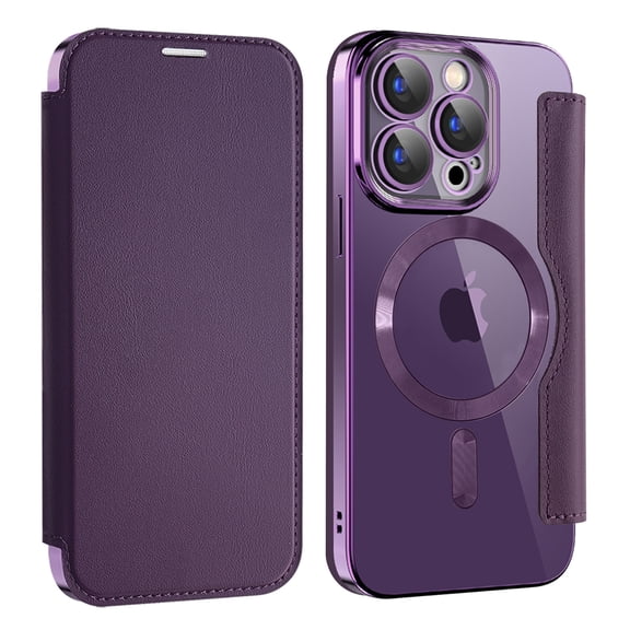 Flip Magnetic Case for Apple iPhone 12, Compatible with Magsafe Cards Holder Wallet Case RFID Blocking Clear Back Cover Anti-Scratch Folio Shockproof Bisiness Type Case for Women, Purple