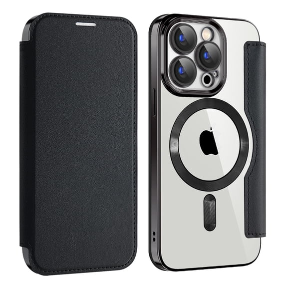 Flip Magnetic Case for Apple iPhone 12 Pro, Compatible with Magsafe Cards Holder Wallet Case RFID Blocking Clear Back Cover Anti-Scratch Folio Shockproof Bisiness Type Case for Women, Black