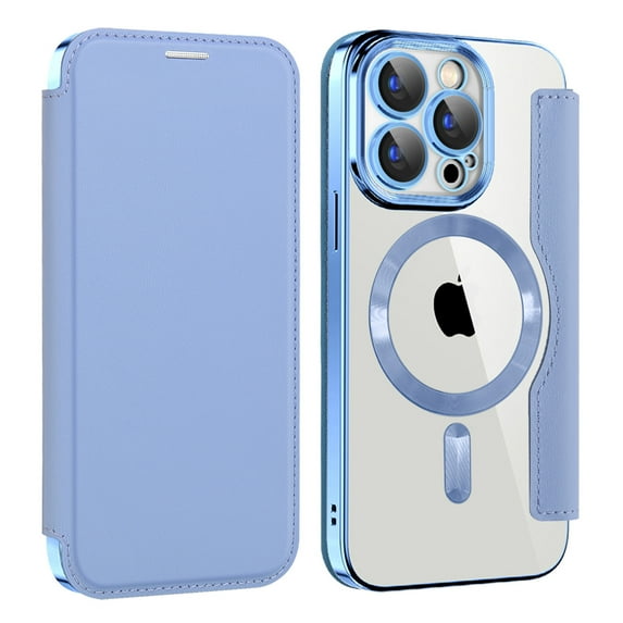 Flip Magnetic Case for Apple iPhone 12 Pro, Compatible with Magsafe Cards Holder Wallet Case RFID Blocking Clear Back Cover Anti-Scratch Folio Shockproof Bisiness Type Case for Women, Blue